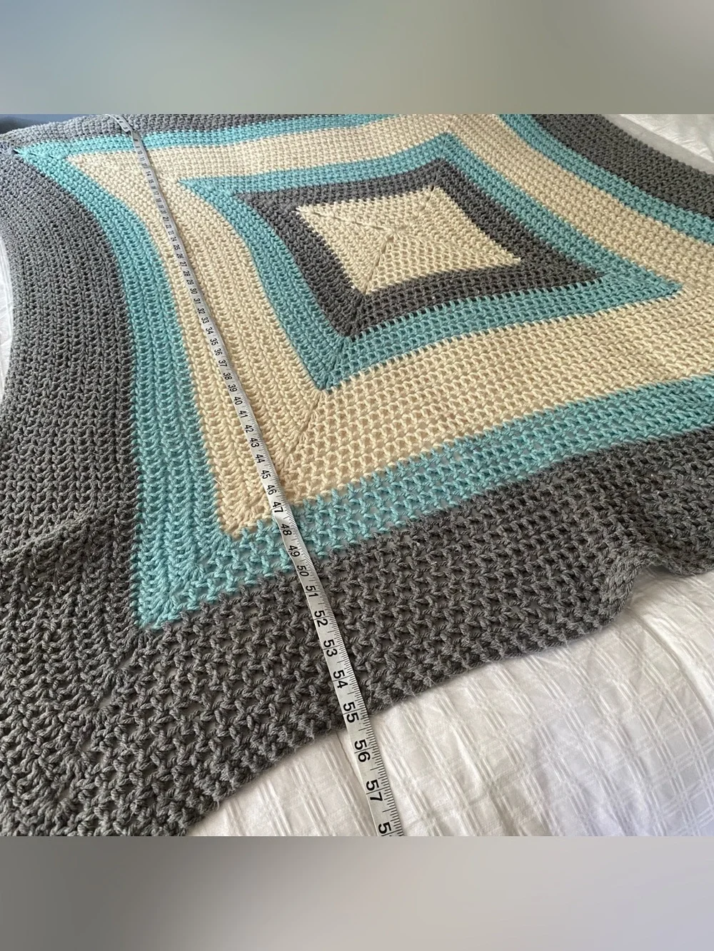 Vintage Throw Blanket Handmade Crochet Afghan 51x55 Coastal Grandma Blue Gray